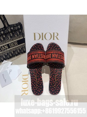 Dior Dway Flat Slide Sandals in Navy Blue and Red Hearts I Love Paris Embroidered Cotton 2021 Collection 