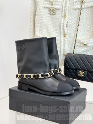 Chanel Lambskin & Grosgrain Flat Short Boots Black
