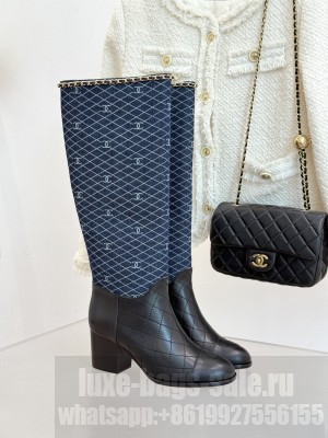 Chanel Quilted Denim Calfskin 6cm with Chain High Boots Dark Blue