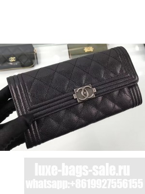 Chanel Grained Calfskin Boy Long Flap Wallet A80286 Black/Silver