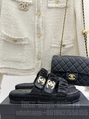 Chanel Three-Strap Buckle Espadrilles Slide Black 2025