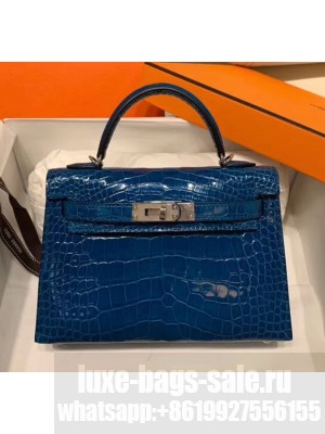Hermes Mini Kelly II Handbag in Glossy Real Alligator Leather Blue (Handmade) Collection