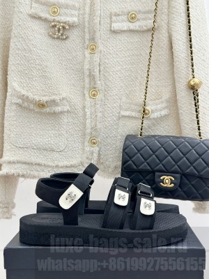 Chanel Velcro Beach Sandals Flat Sandals with Buckle Straps Black 2025