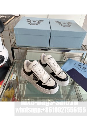 Prada Unisex Logo Leather Sneakers Black/White 02