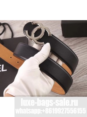 Chanel Width 3.5cm Leather Belt Black/Khaki with Silver CC Logo