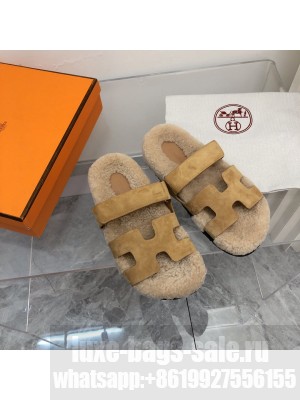 Hermes Unisex woolskin Oran Flat Slide Sandals 154 2022 Collection