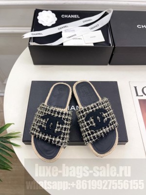 Chanel Tweed CC Logo Espadrilles Slide Mules black 2025