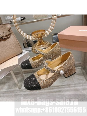 Miu Miu Glitter 4.5cm Pumps with metal chain and artificial pearl embellishment Black/Gold