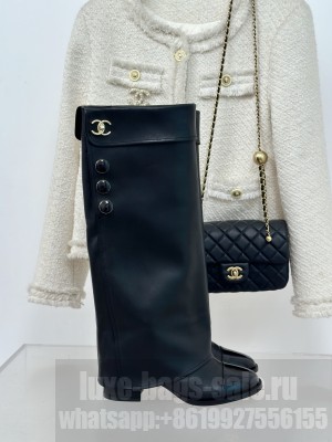 Chanel Women's Lambskin & Patent Calfskin with Buttons Black Long Boots 2024 
