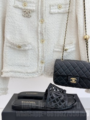 Chanel Calfskin Braided Mesh Flat Slides Sandal Black 2025