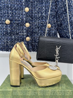Gucci Metallic Leather Platform Pumps 11.5cm with Crystals Double G Gold