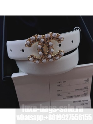 Chanel Smooth Calfskin Belt 3cm with Chain Leather CC Buckle White  2021 Collection