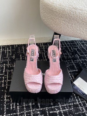 Chanel Platform 4cm Heel 12cm Tweed Sandals Pink