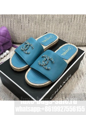 Chanel Chain CC Lambskin Espadrilles Slide Sandals Blue Spring/Summer 2021 Collection