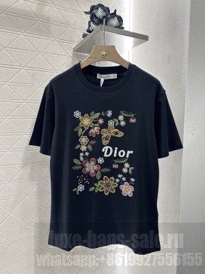 Christian Dior Embroidered T-Shirt With Flowers and Butterfly Black