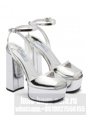Prada Women's Metallic Leather Platform Sandals 1XP48B Silver