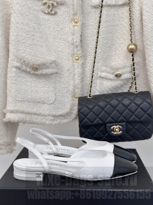 Chanel Slingback Lambskin & Patent Leather White Black Flat 2025