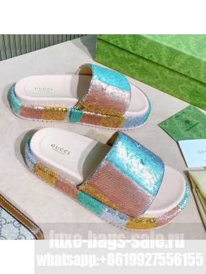 Gucci Striped Sequins Platform Slide Sandal 573018 2021 Collection