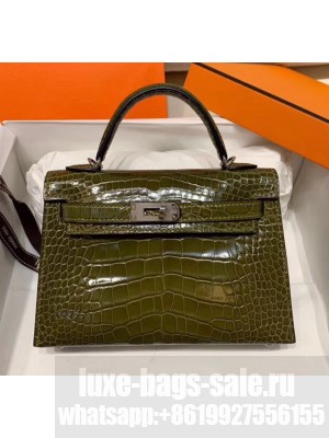 Hermes Mini Kelly II Handbag in Glossy Real Alligator Leather Army Green (Handmade) Collection