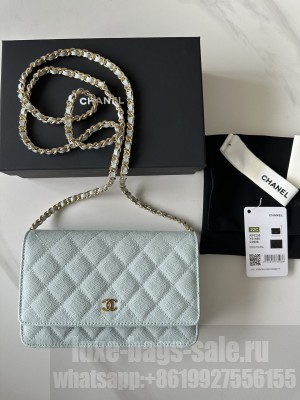 Chanel Caviar Leather & Gold-Tone Metal Wallet On Chain WOC Bag A33814 Light Blue