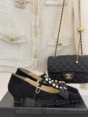 Chanel Velvet Mary Janes Pumps with Pearls and Bow Black 2025