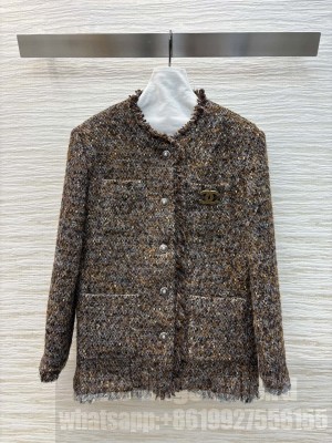 Chanel Tweed With Brooch Jacket Brown