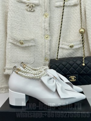 Chanel White Calfskin 5.5cm with Maxi Bow and Pearls Ankle Boots