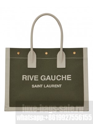 Saint Laurent Rive Gauche Small Tote Bag In Linen And Leather Green