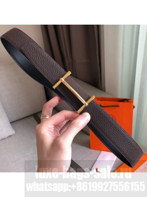 Hermes H D'Ancre Reversible Leather Buckle Belt 32mm Coffee/Gold 2019 Collection