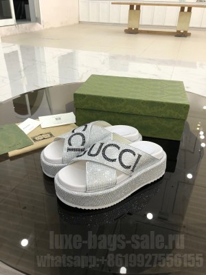 GUCCI CRISS-CROSS STRAPS GG SLIDE SANDALS WITH DIAMONDS WHITE 2021 Collection