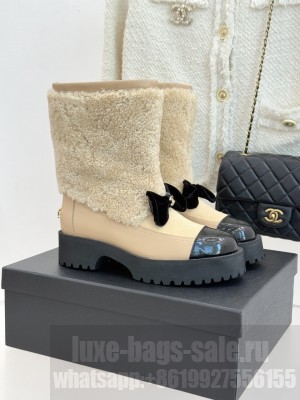 Chanel Shearling Lambskin & Patent Calfskin Beige Ankle Boot