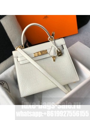Hermes Kelly 25/28cm in Crocodile Embossed Calf Leather White/Gold 2019 (Half Handmade) Collection
