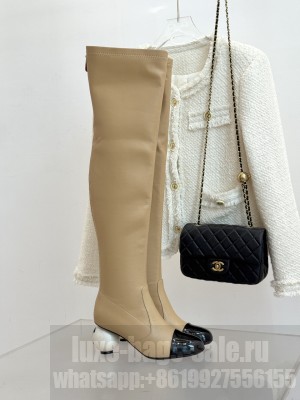 Chanel Stretch Lambskin & Patent Calfskin Heeled Over-the-Knee Boots Beige