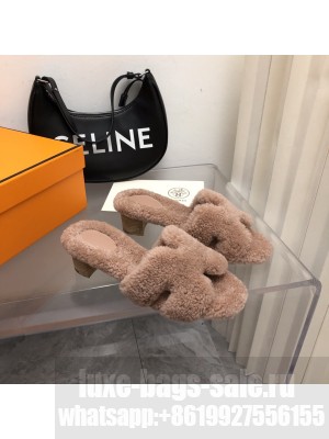 Hermes woolskin Oasis Slide Sandals Brown 2022 Collection