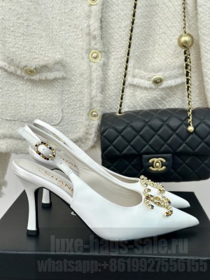Chanel Satin Slingback Heel 7cm Pumps White