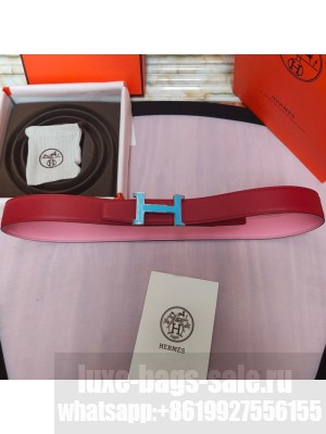 Hermes Leather Reversible Belt 32mm with H Buckle Red/Gold 2019  Collection