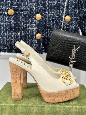 Gucci Horsebit 3cm Platform 13.5cm Heel Slingback Sandals Cream