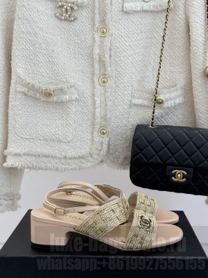 Chanel Leather & metal Chain CC Logo 4cm Sandals Beige 2025