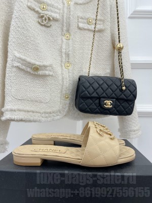 Chanel Lambskin Slide Sandals with CC Chain Beige