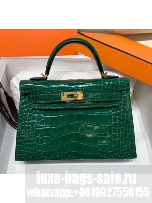 Hermes Mini Kelly II Handbag in Glossy Real Alligator Leather Green (Handmade) Collection