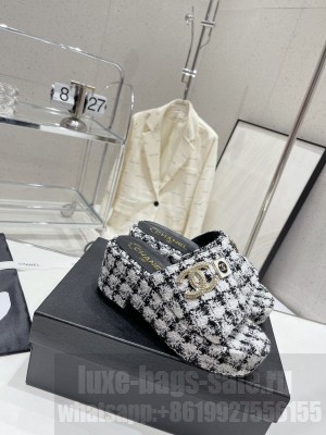 Chanel Tweed 5cm Platform Slide Sandals 2023 Mlue 010