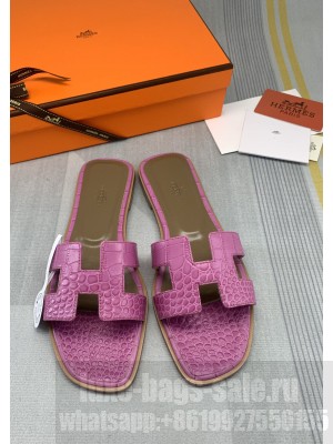 Hermes Oran Crocodile Embossed Leather Flat Slide Sandals 120 2022 Collection