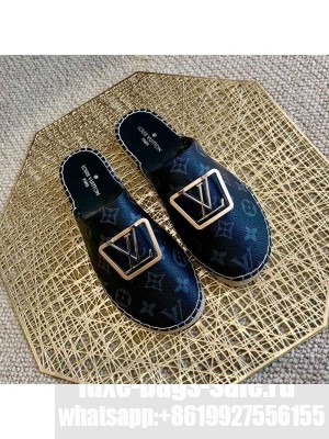 Louis Vuitton Monogram Canvas Espadrille Flat Mules with Square LV Buckle Black 2021 Collection