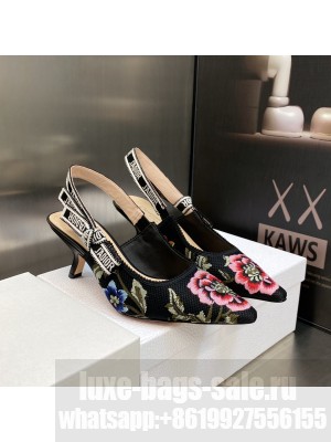 Dior J'Adior Slingback Pumps 6.5cm in Black Multicolor Cotton Embroidered with Petites Fleurs Motif 2023