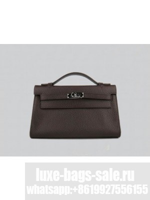 HERMES KELLY 22 CALFSKIN LEATHER CLUTCH BAG IN DEEP COFFEE 