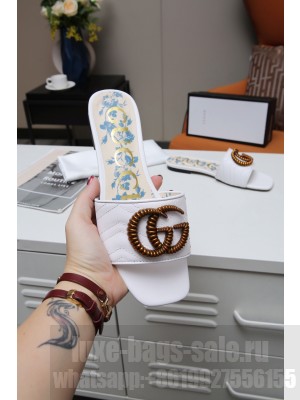 Gucci Calfskin Flat Slide Sandals with Aged Gold GG White 2021 Collection