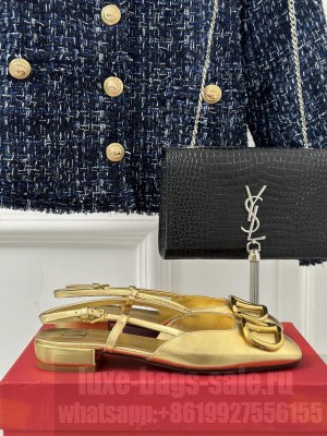 Valentino Metal-Tone VLogo Leather Slingback Sandals Gold