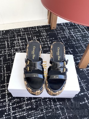 Dior L'Amazone Wedge Slide Black shiny Calfskin and Natural Graphic Cannage Raffia