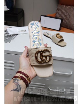 Handmade Calfskin Flat Slide Sandals with Aged Gold GG Beige 2021 Collection