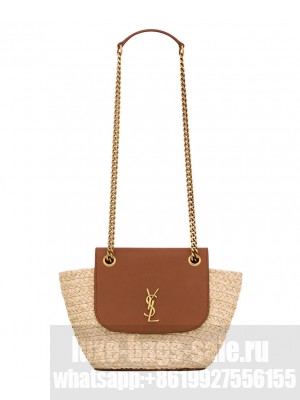 Saint Laurent Mini Manon In Raffia And Aged Vegetable-Tanned Leather Coffee